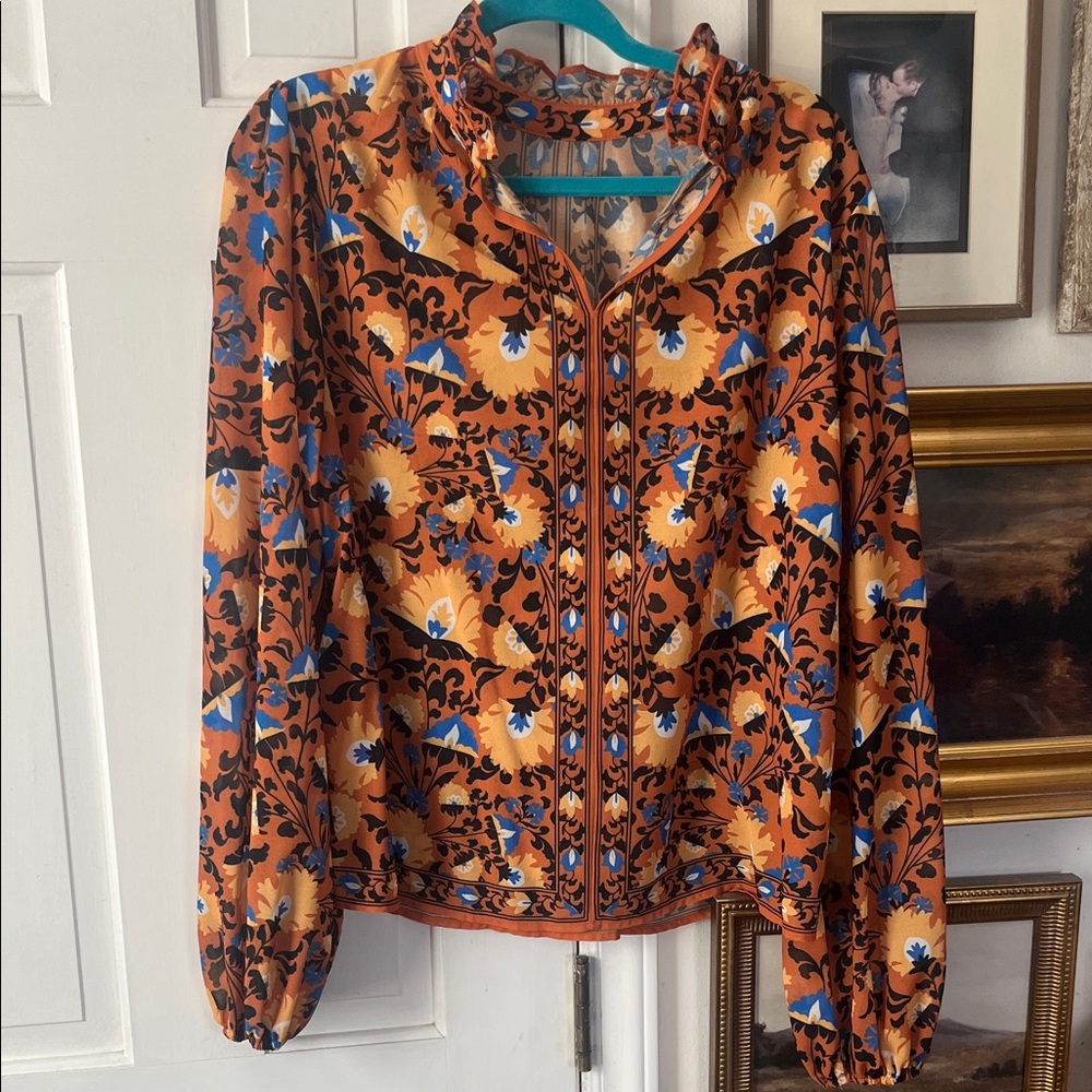 3/$12 Bundle and Save- Amazon Vibrant Orange and Blue Floral Blouse